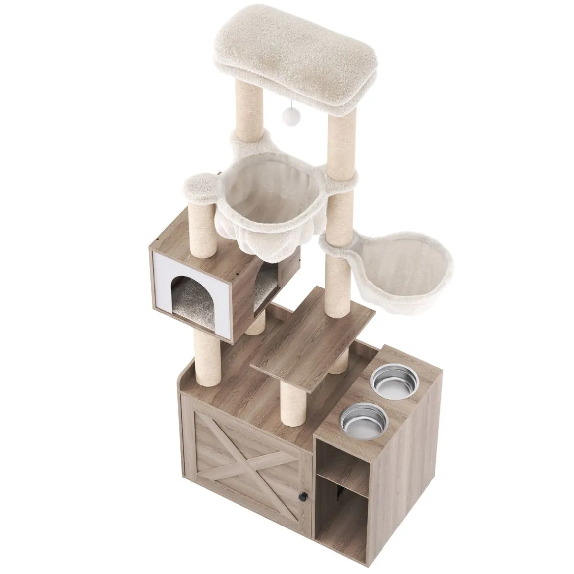 Katzenbaum mit Katzentoilette und Fressstation 155 cm braun
