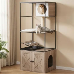 Katzenbaum mit Katzentoilette und Fressstation 146 cm natur