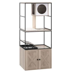 Katzenbaum mit Katzentoilette und Fressstation 146 cm natur