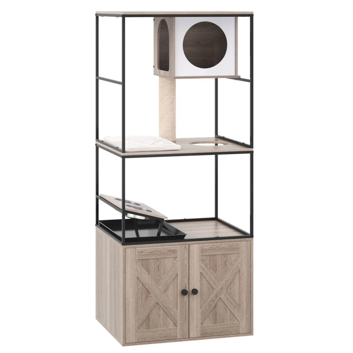 Katzenbaum mit Katzentoilette und Fressstation 146 cm natur