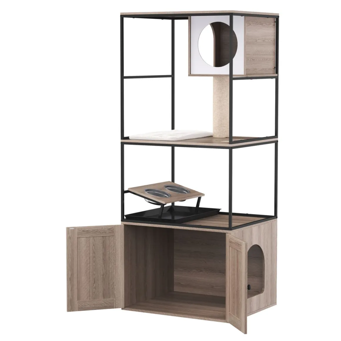 Katzenbaum mit Katzentoilette und Fressstation 146 cm natur
