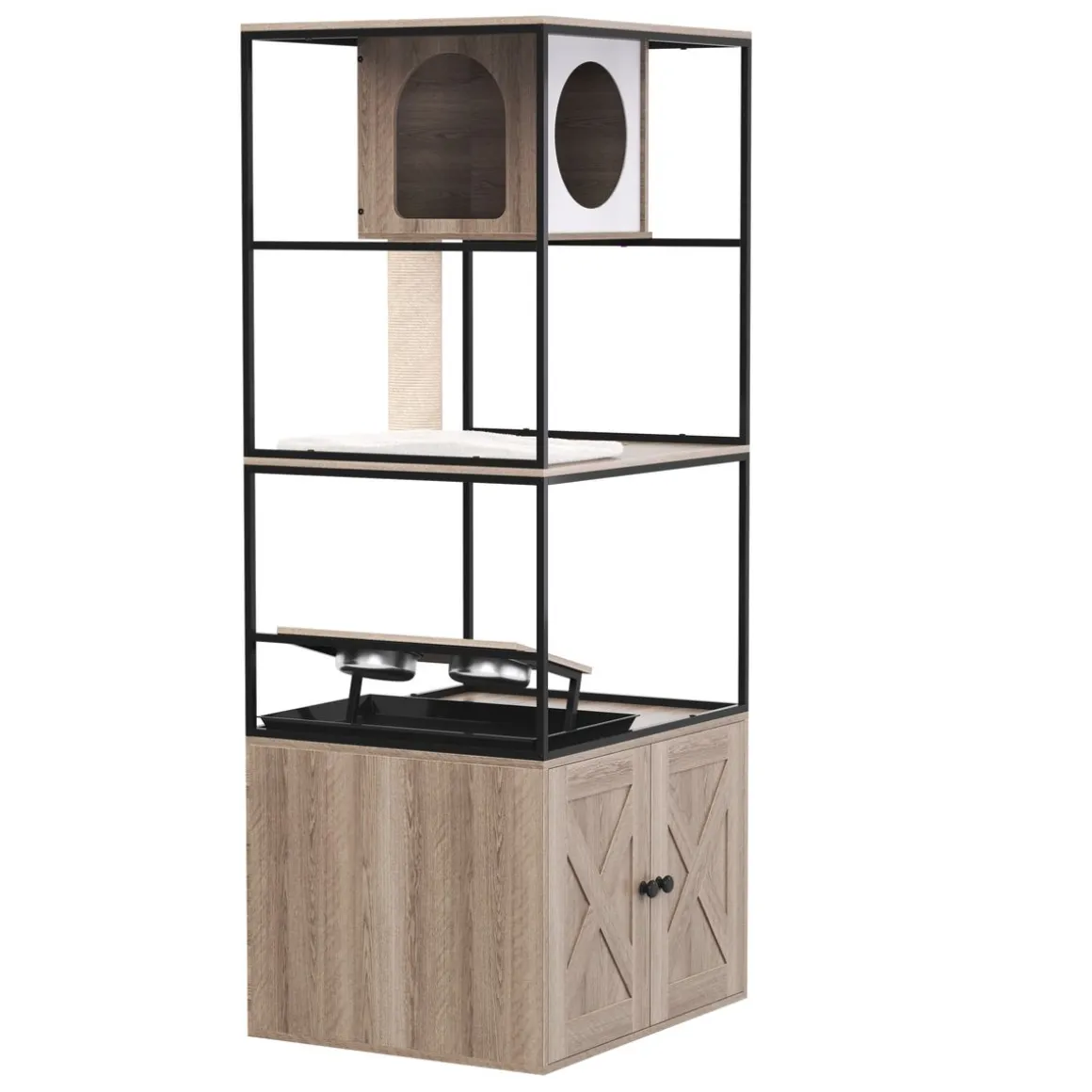 Katzenbaum mit Katzentoilette und Fressstation 146 cm natur
