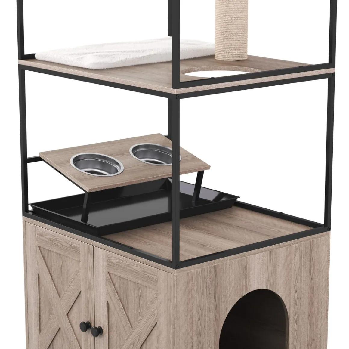 Katzenbaum mit Katzentoilette und Fressstation 146 cm natur