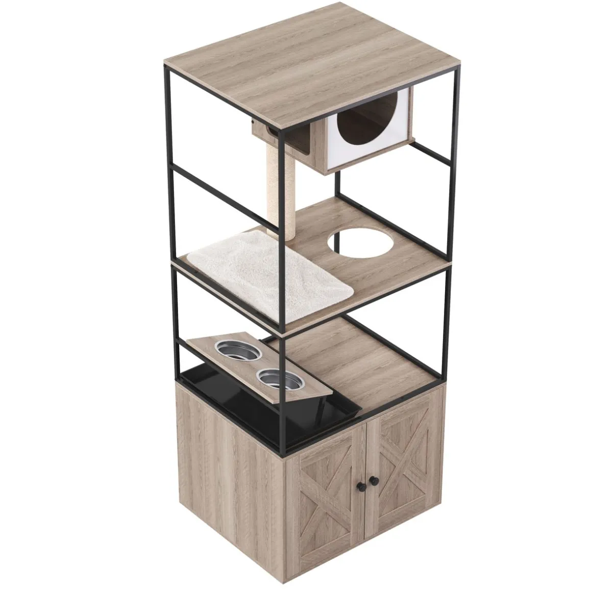 Katzenbaum mit Katzentoilette und Fressstation 146 cm natur
