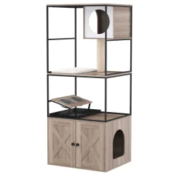 Katzenbaum mit Katzentoilette und Fressstation 146 cm natur