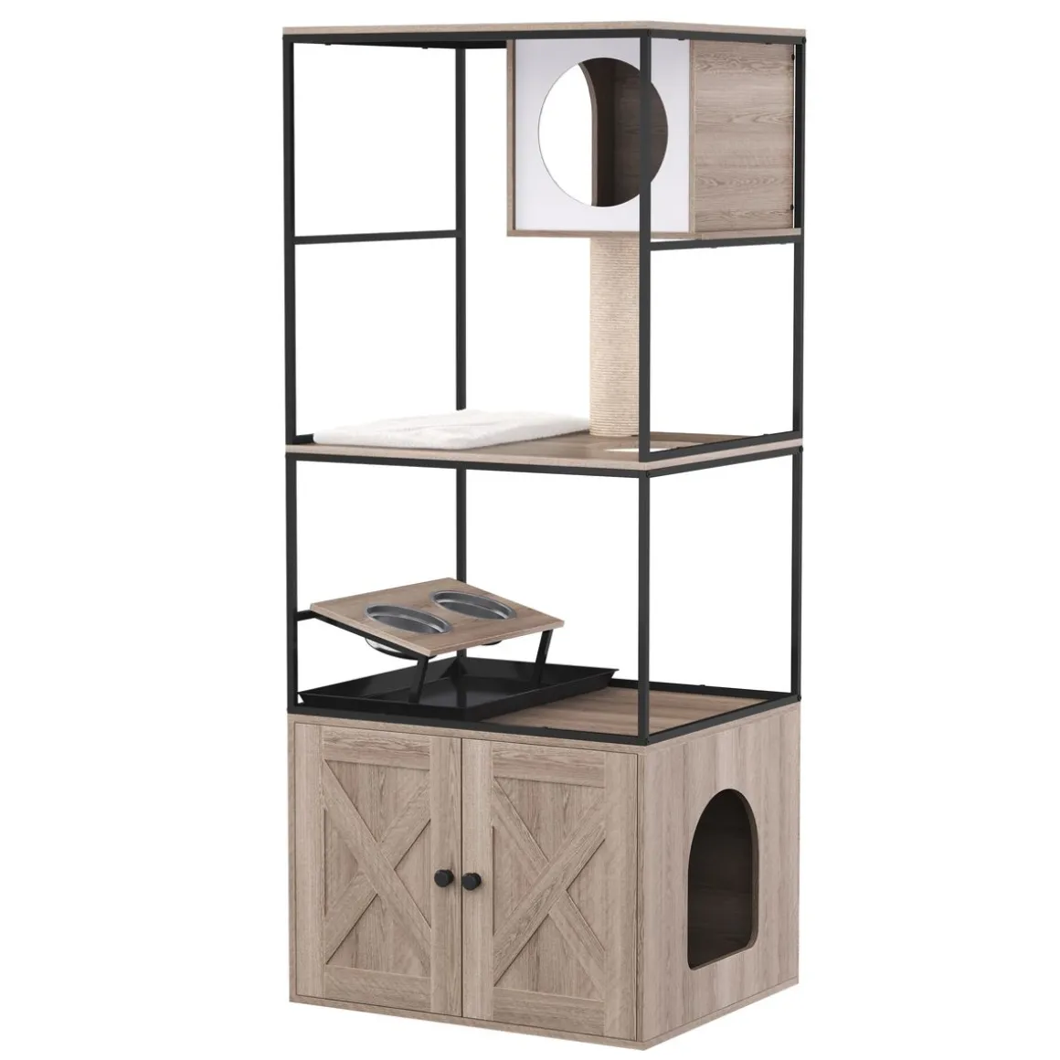Katzenbaum mit Katzentoilette und Fressstation 146 cm natur