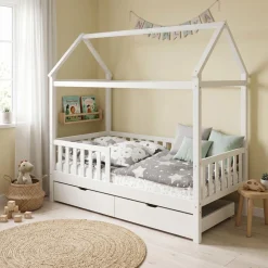 Kinderbett Hausbett SMURF mit 2 Schubladen 80 x 160 cm weiss