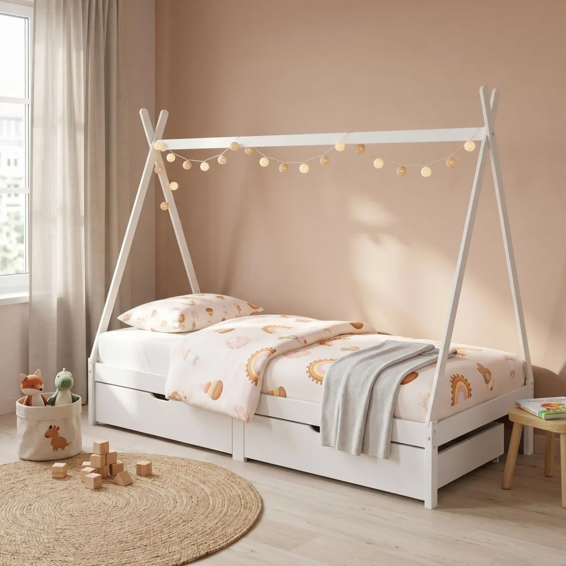 Kinderbett Tipi TENDA mit Schubladen weiss