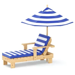 Kinderliegestuhl Holz mit Schirm weiss/blau