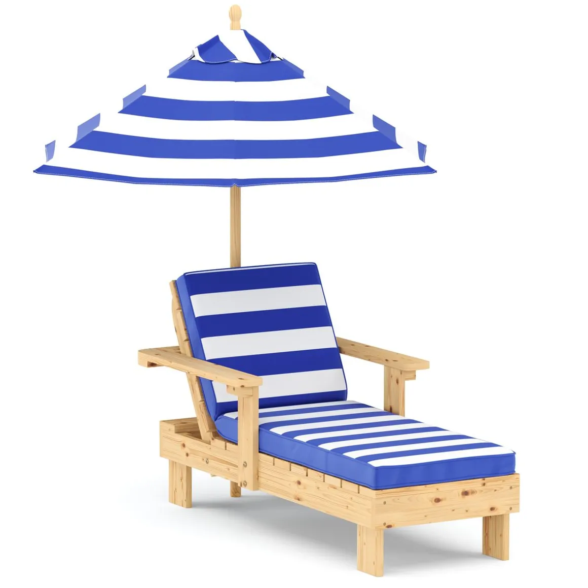 Kinderliegestuhl Holz mit Schirm weiss/blau