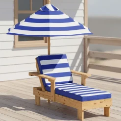 Kinderliegestuhl Holz mit Schirm weiss/blau