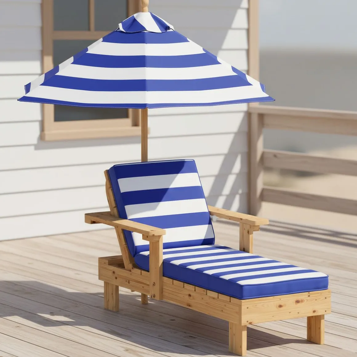Kinderliegestuhl Holz mit Schirm weiss/blau