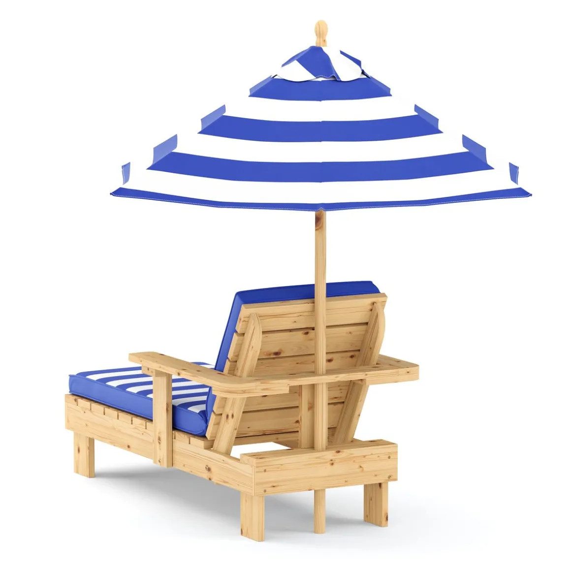 Kinderliegestuhl Holz mit Schirm weiss/blau