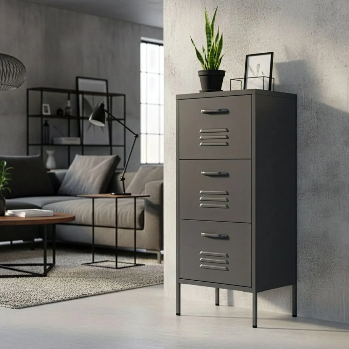 Kommode Metall KLAUS 3 Schubladen 42 x 101 cm anthrazit