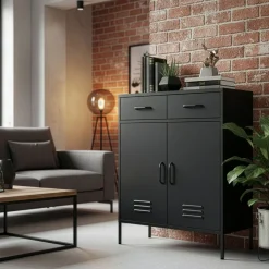 Kommode Metall KLAUS 2 Schubladen 2 Türen 80 x 101 cm schwarz
