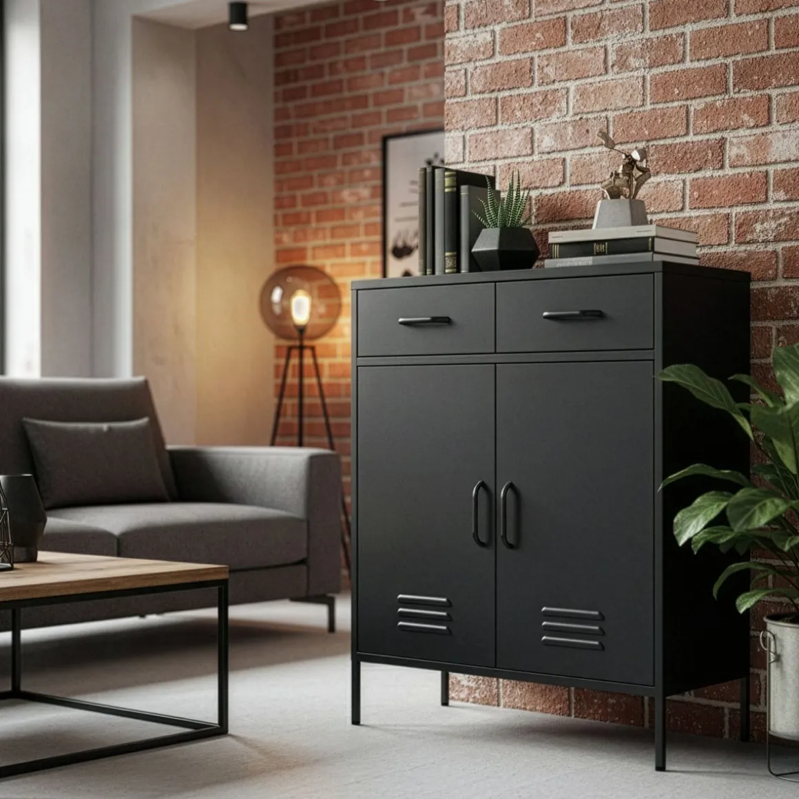 Kommode Metall KLAUS 2 Schubladen 2 Türen 80 x 101 cm schwarz