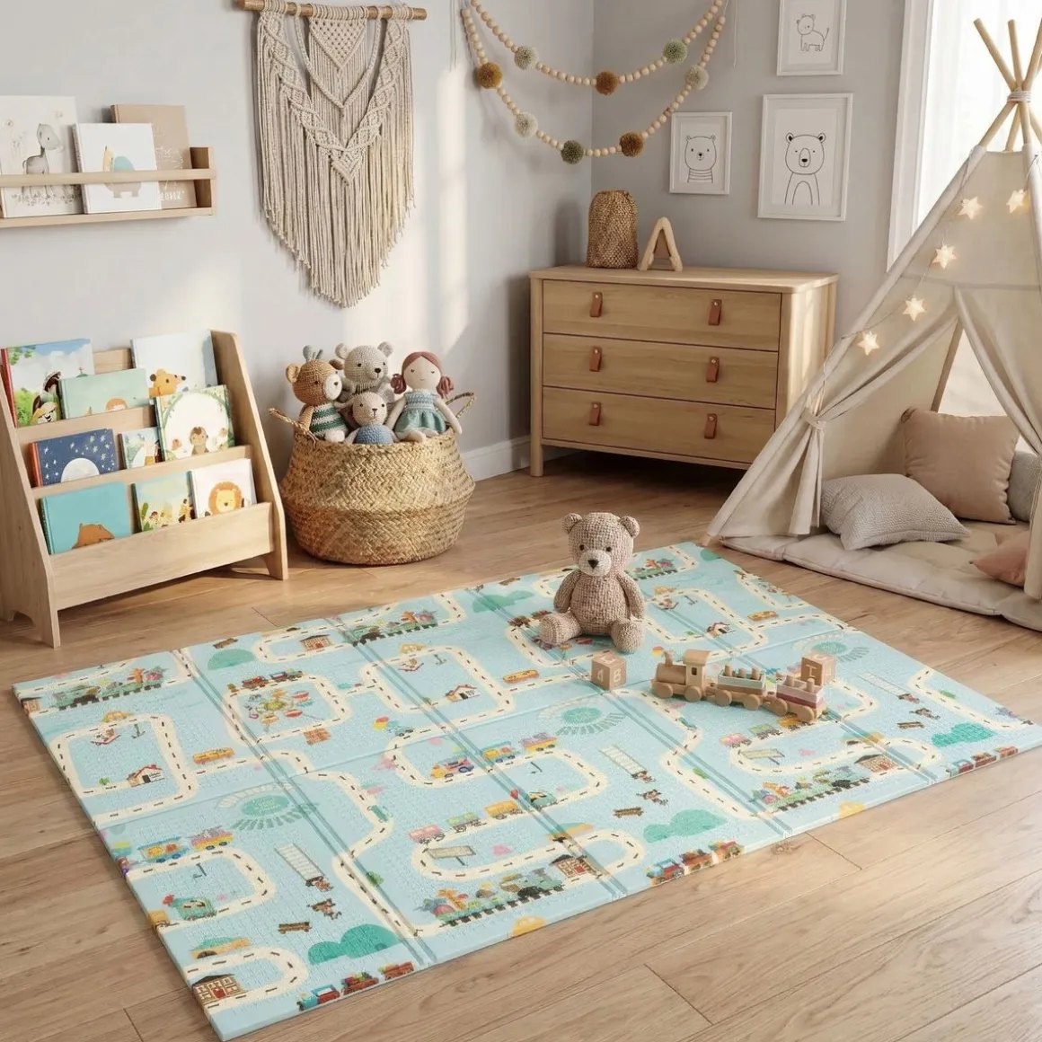 Krabbeldecke faltbar Strasse und Tiere
