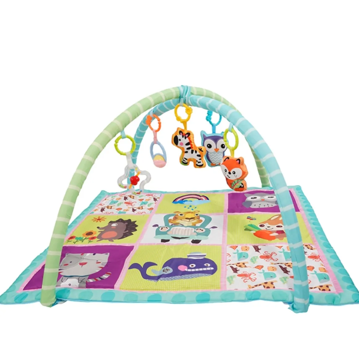 Krabbeldecke mit Spielbogen Tiere blau/grün