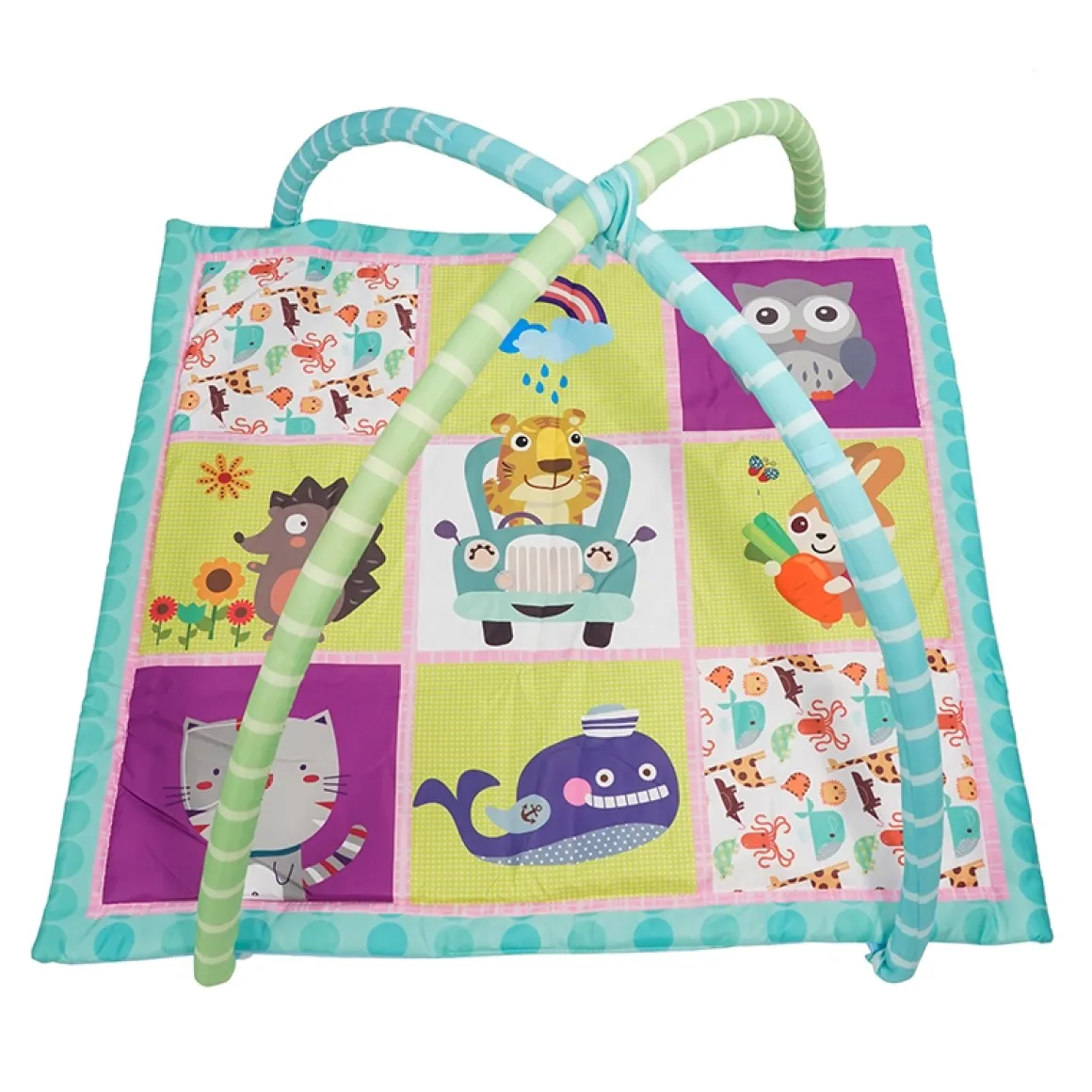 Krabbeldecke mit Spielbogen Tiere blau/grün