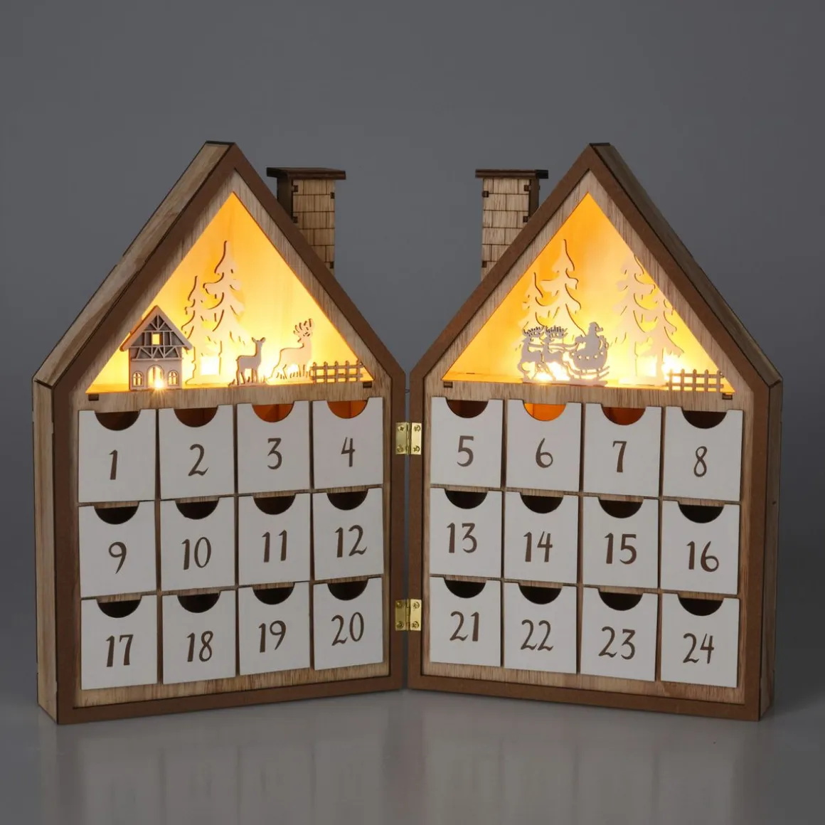 LED Adventskalender Holzhaus braun/weiss