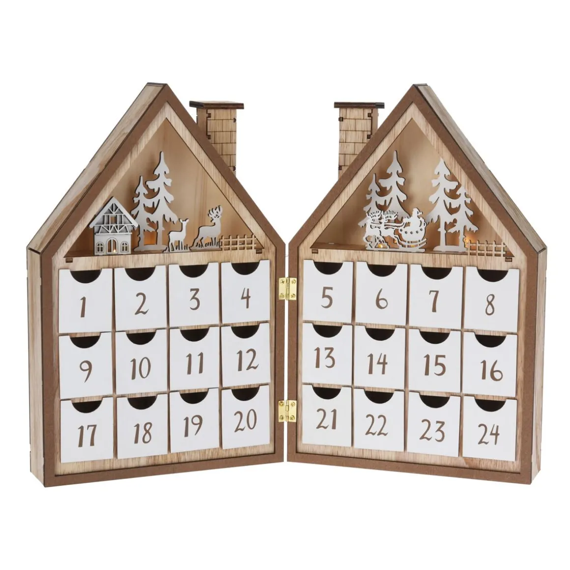 LED Adventskalender Holzhaus braun/weiss