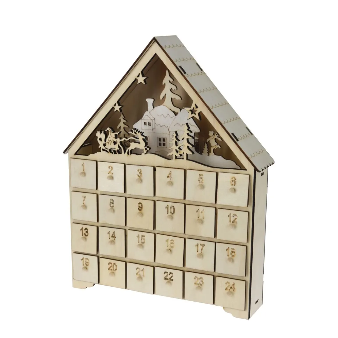 LED Adventskalender Holzhaus natur