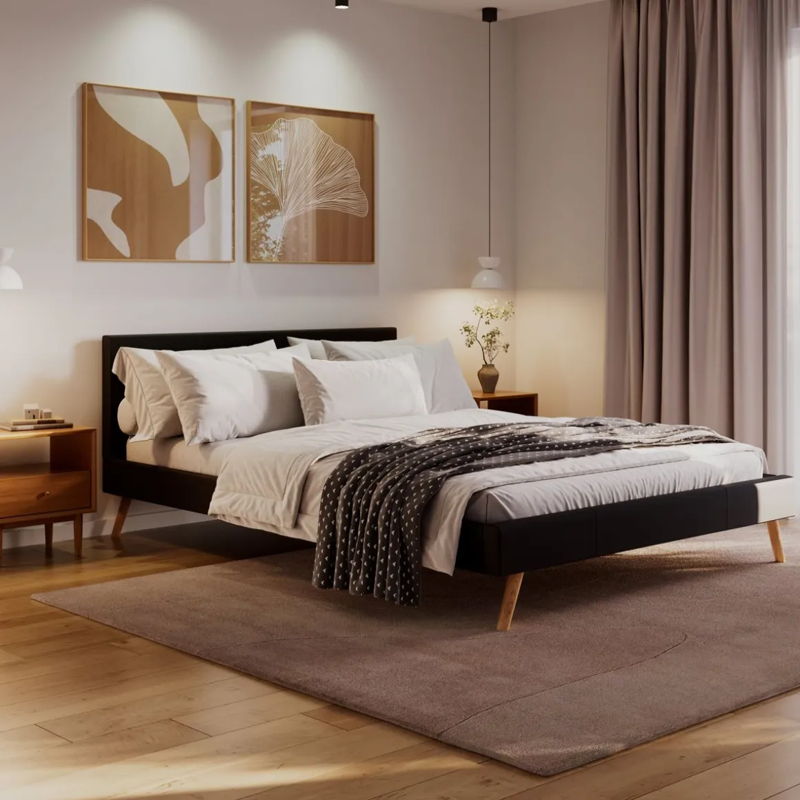 Lederbett ELVAR 160 x 200 cm schwarz