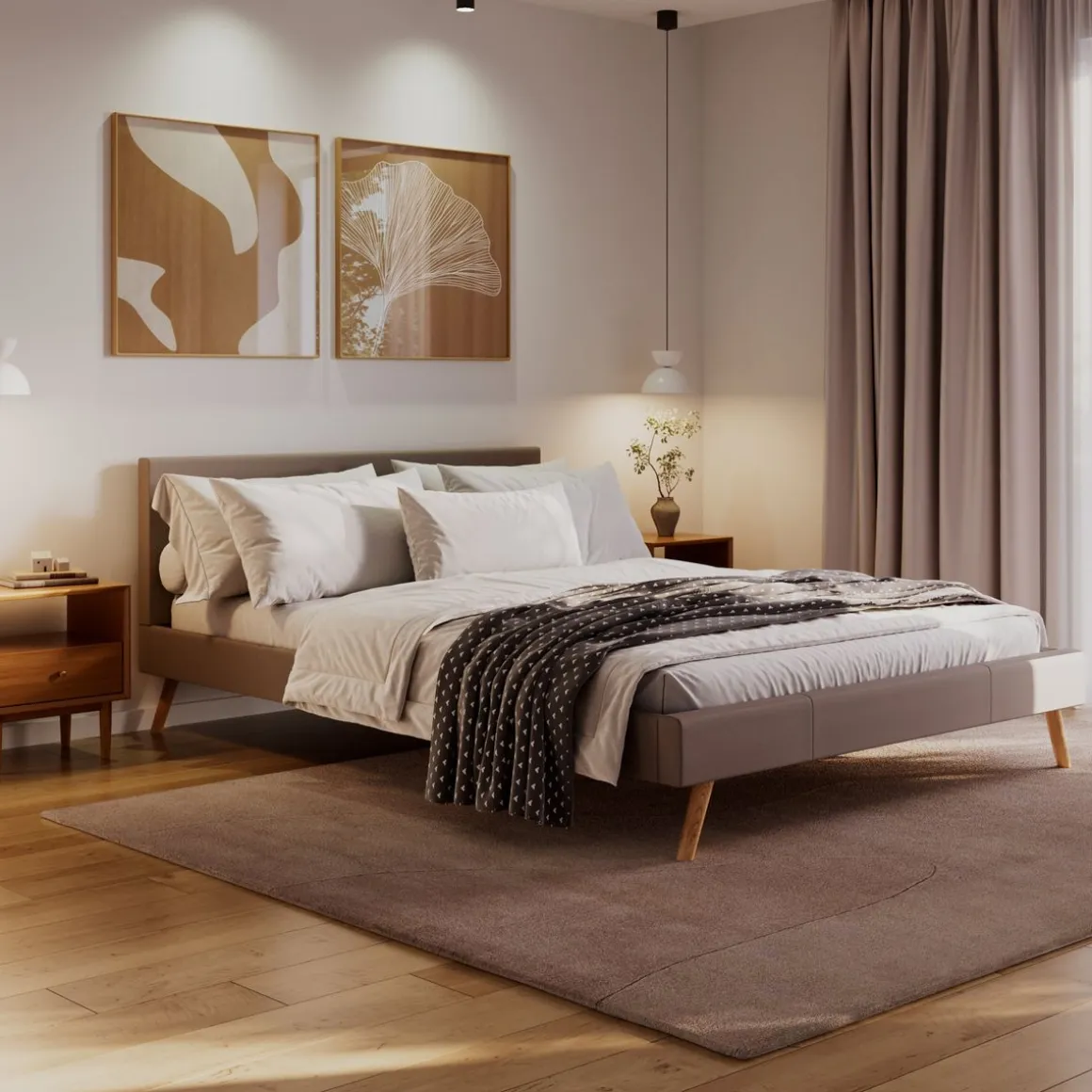 Lederbett ELVAR 160 x 200 cm taupe