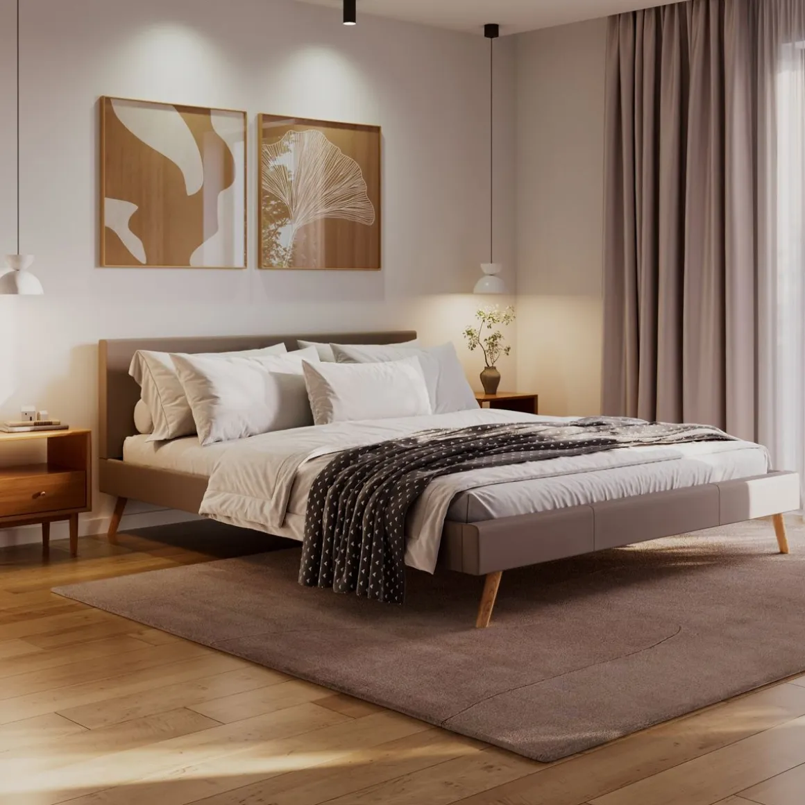 Lederbett ELVAR 180 x 200 cm taupe