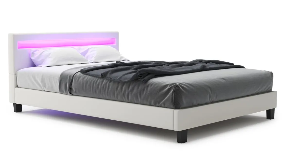 Lederbett LED DREAM 140 x 200 cm weiss