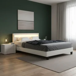 Lederbett LED DREAM 140 x 200 cm weiss