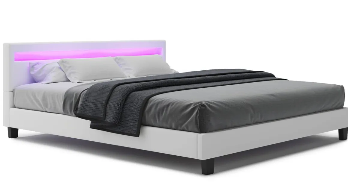 Lederbett LED DREAM 180 x 200 cm weiss