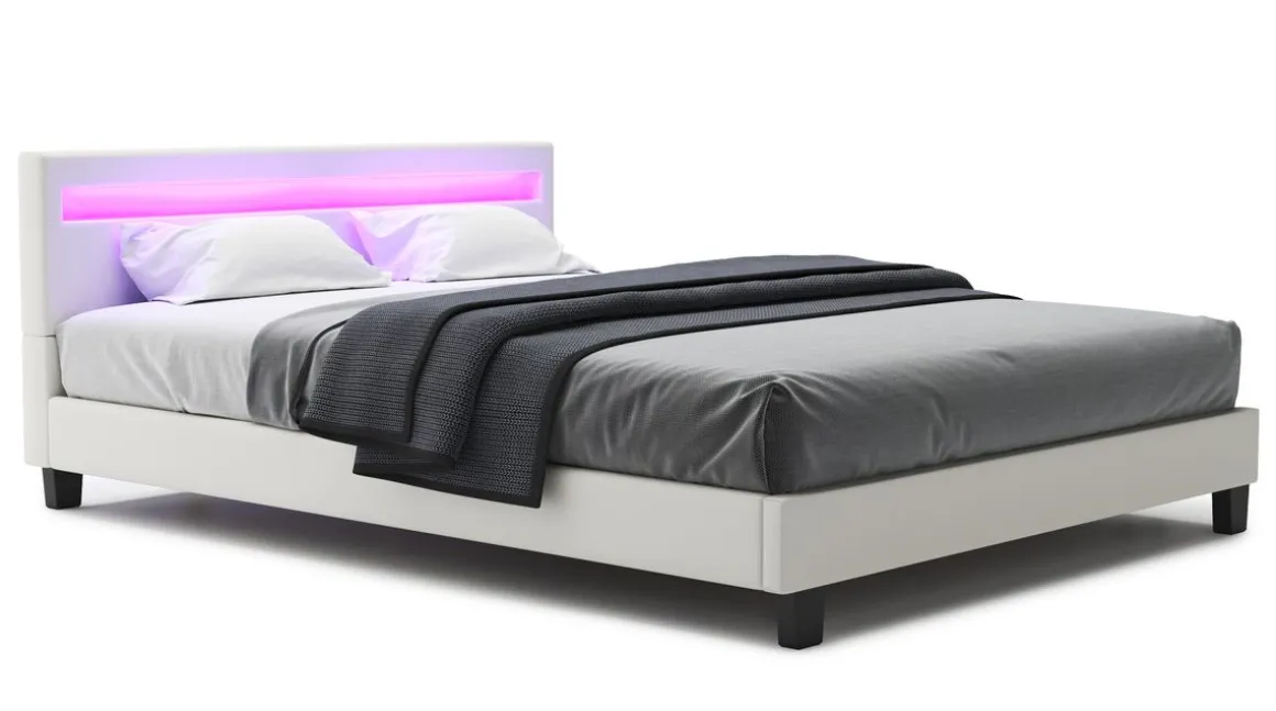 Lederbett LED DREAM 160 x 200 cm weiss