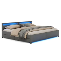 Lederbett LED LUNARA 240 x 200 cm anthrazit