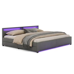 Lederbett LED LUNARA 240 x 200 cm anthrazit