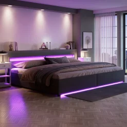 Lederbett LED LUNARA 280 x 200 cm anthrazit