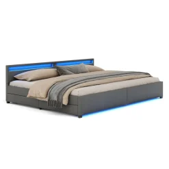 Lederbett LED LUNARA 280 x 200 cm anthrazit