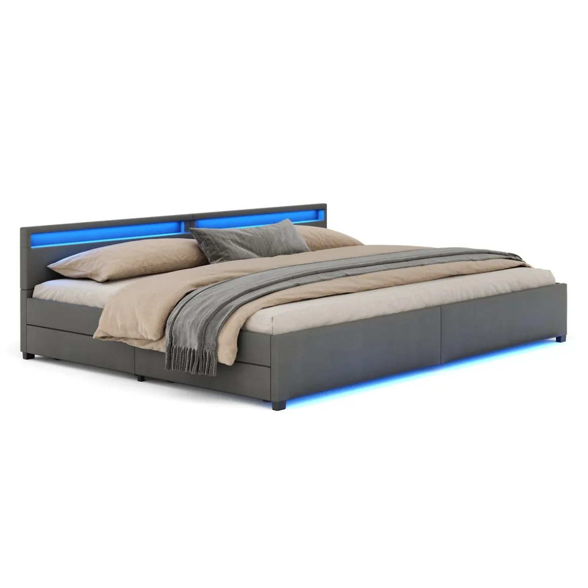 Lederbett LED LUNARA 280 x 200 cm anthrazit
