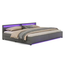 Lederbett LED LUNARA 280 x 200 cm anthrazit