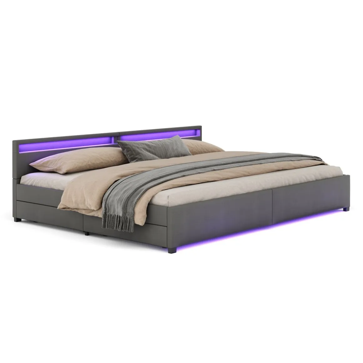 Lederbett LED LUNARA 280 x 200 cm anthrazit