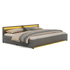 Lederbett LED LUNARA 280 x 200 cm anthrazit