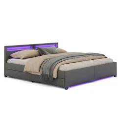 Lederbett LED LUNARA 200 x 200 cm anthrazit