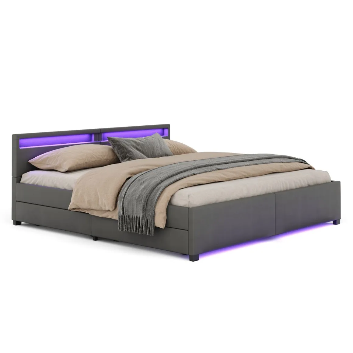 Lederbett LED LUNARA 200 x 200 cm anthrazit