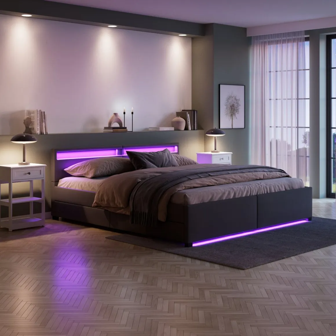 Lederbett LED LUNARA 200 x 200 cm anthrazit