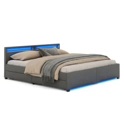Lederbett LED LUNARA 200 x 200 cm anthrazit