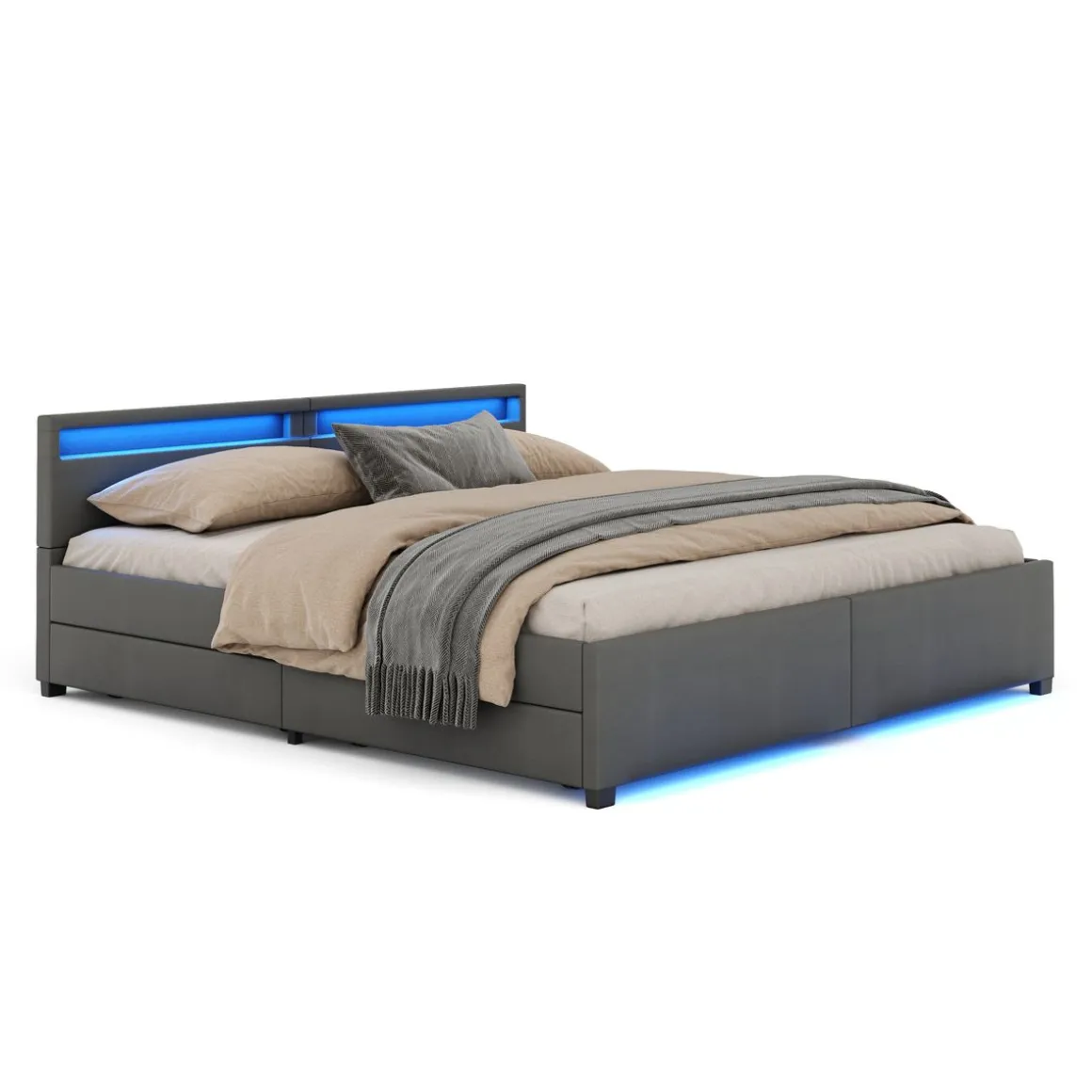 Lederbett LED LUNARA 200 x 200 cm anthrazit