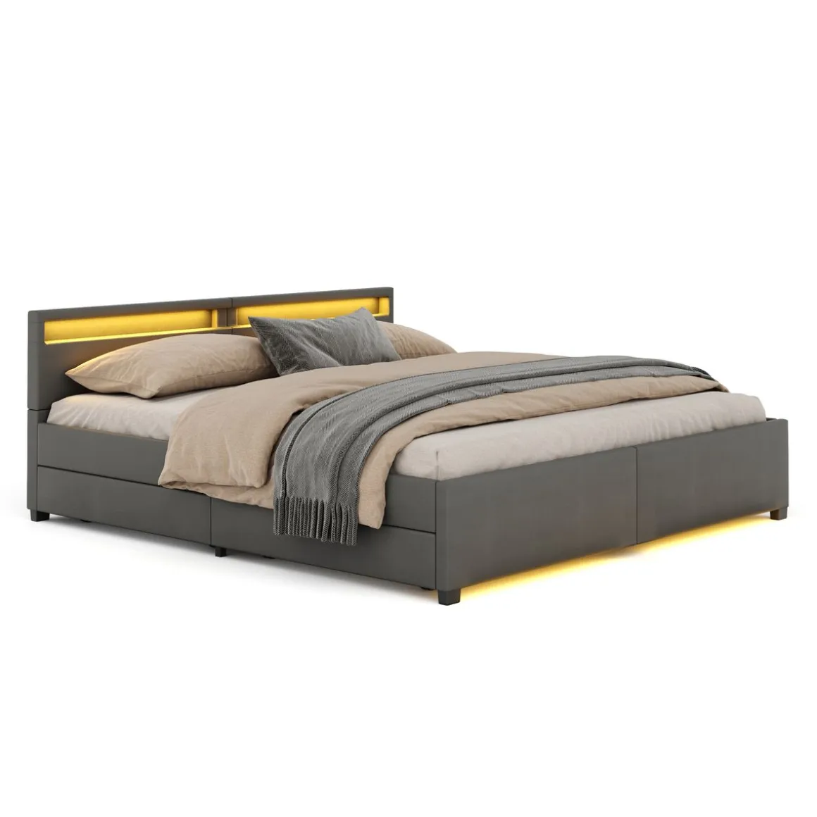 Lederbett LED LUNARA 200 x 200 cm anthrazit