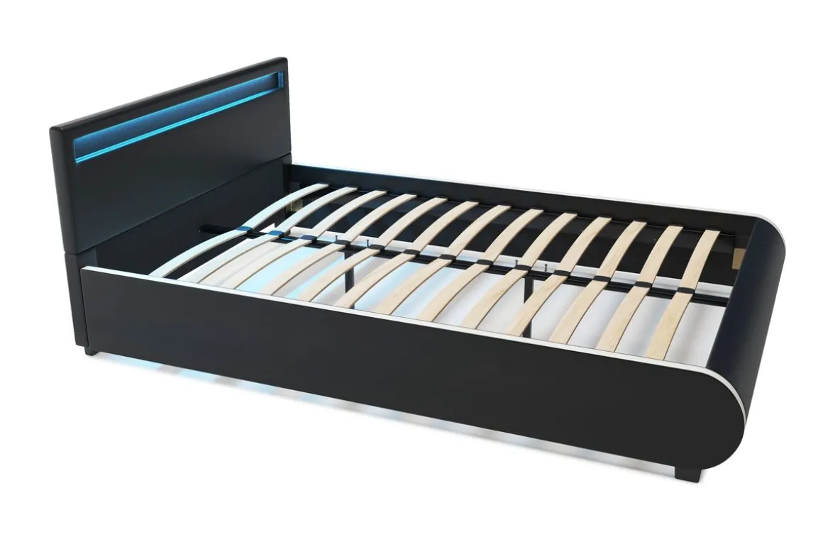 Lederbett LED SIESTA 140 x 200 cm schwarz