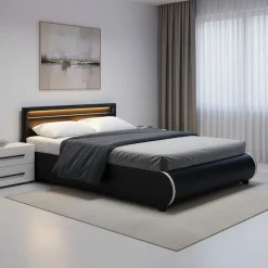 Lederbett LED SIESTA 140 x 200 cm schwarz