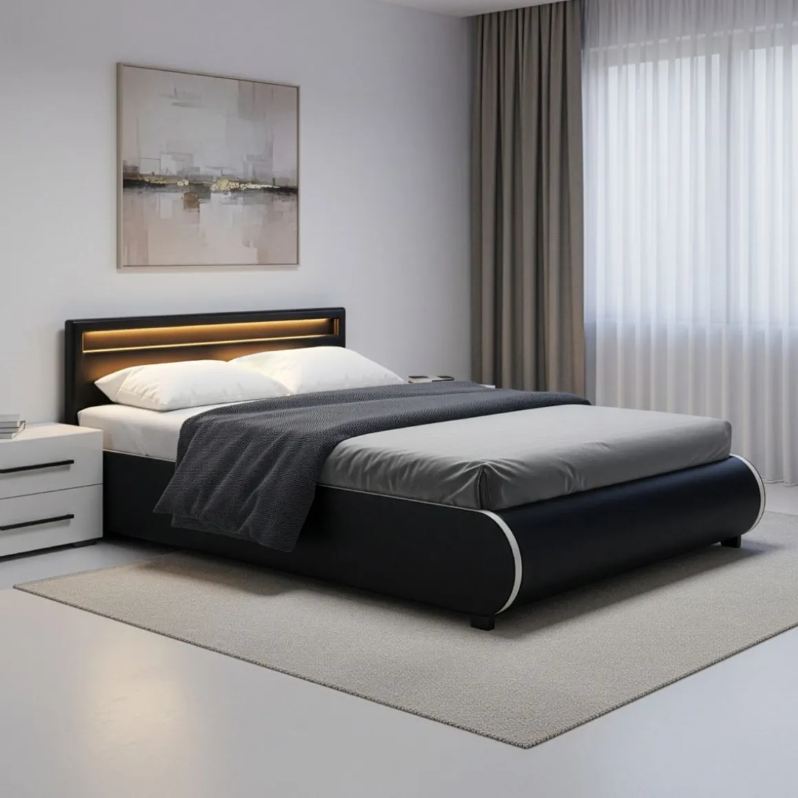 Lederbett LED SIESTA 140 x 200 cm schwarz